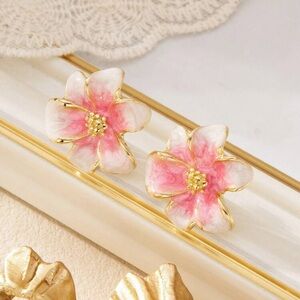 Floral Pink and Gold CLIP Earrings